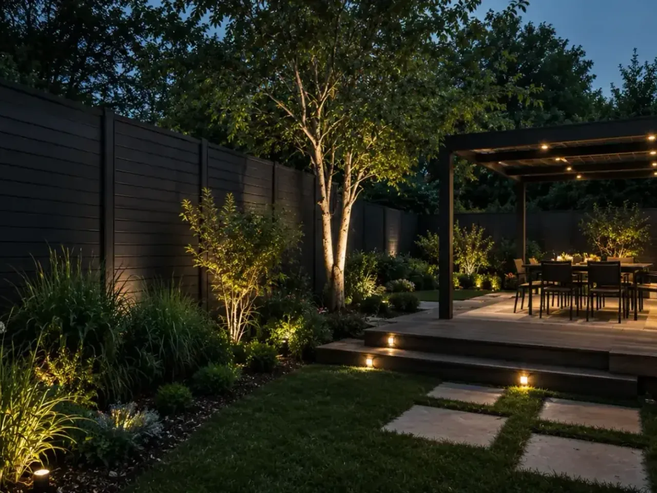 Terrasse éclairée et jardin paysager issus de l’univers du site West Clôtures
