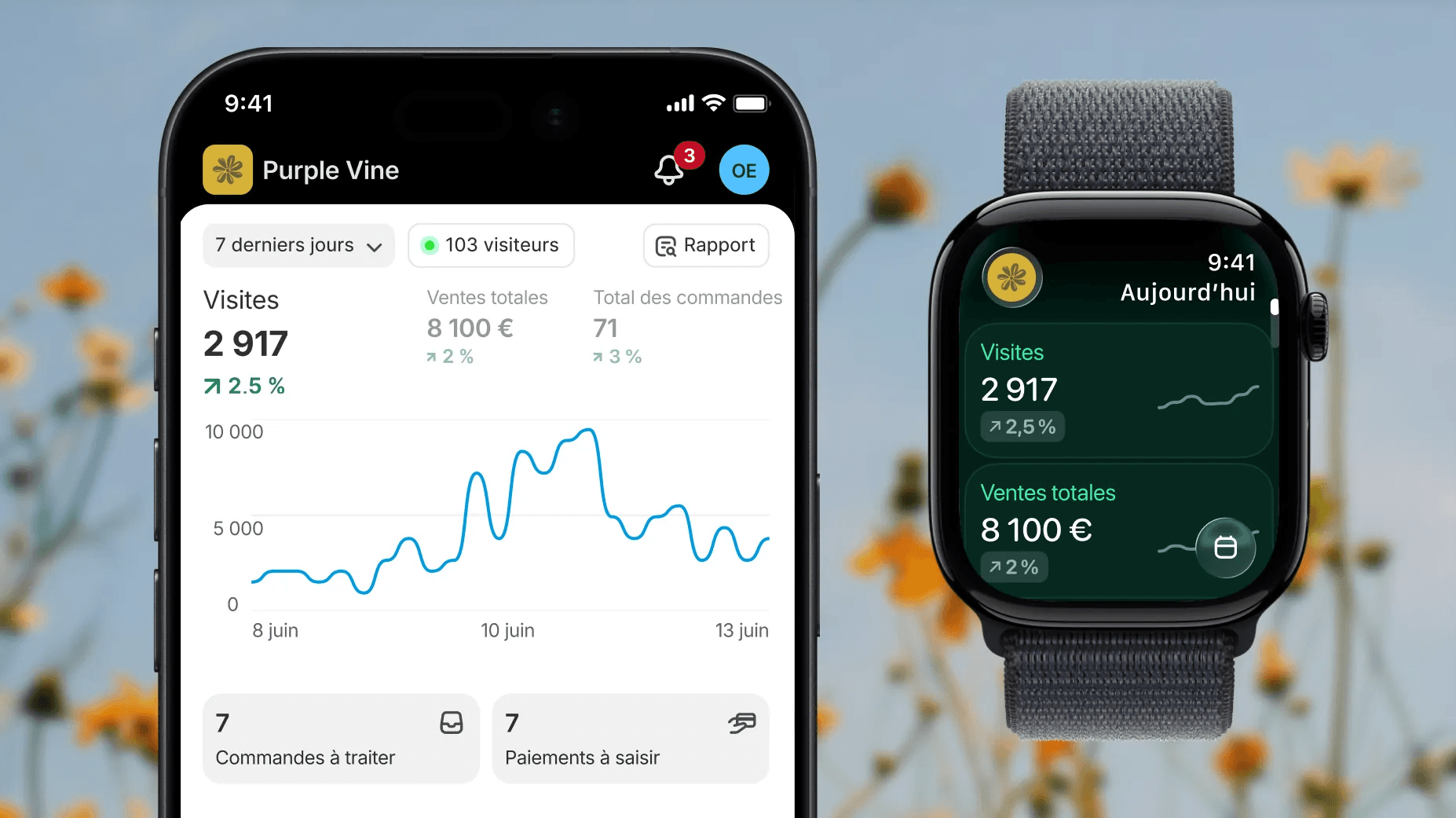 L’interface Shopify sur mobile et montre connectée : commandes, ventes et tableaux de bord