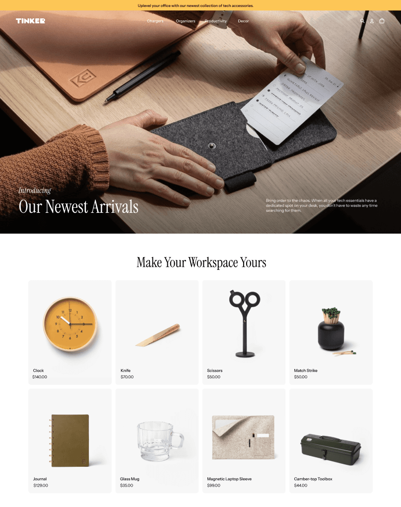 Exemple du thème Tinker de Shopify, avec présentation de produits et catalogue