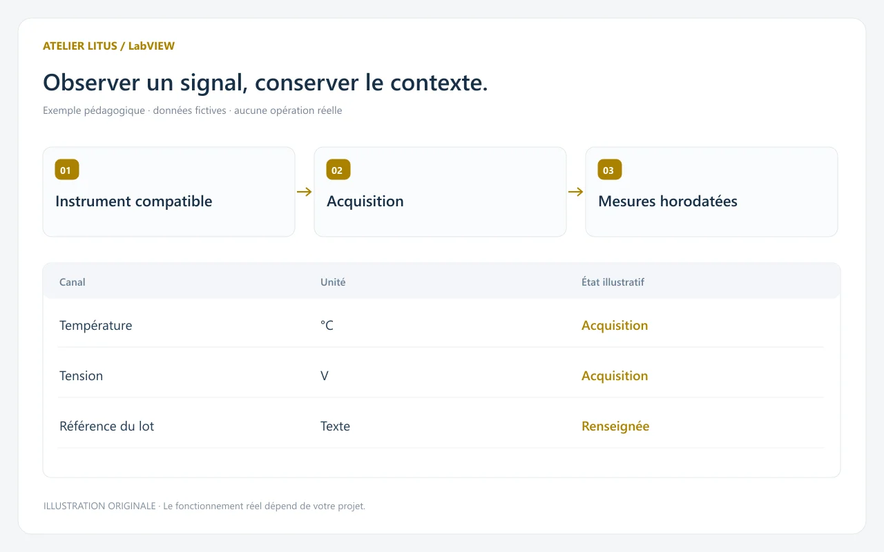 Schéma original d’acquisition avec LabVIEW montrant instrument, mesures horodatées et canaux température et tension, sans données réelles