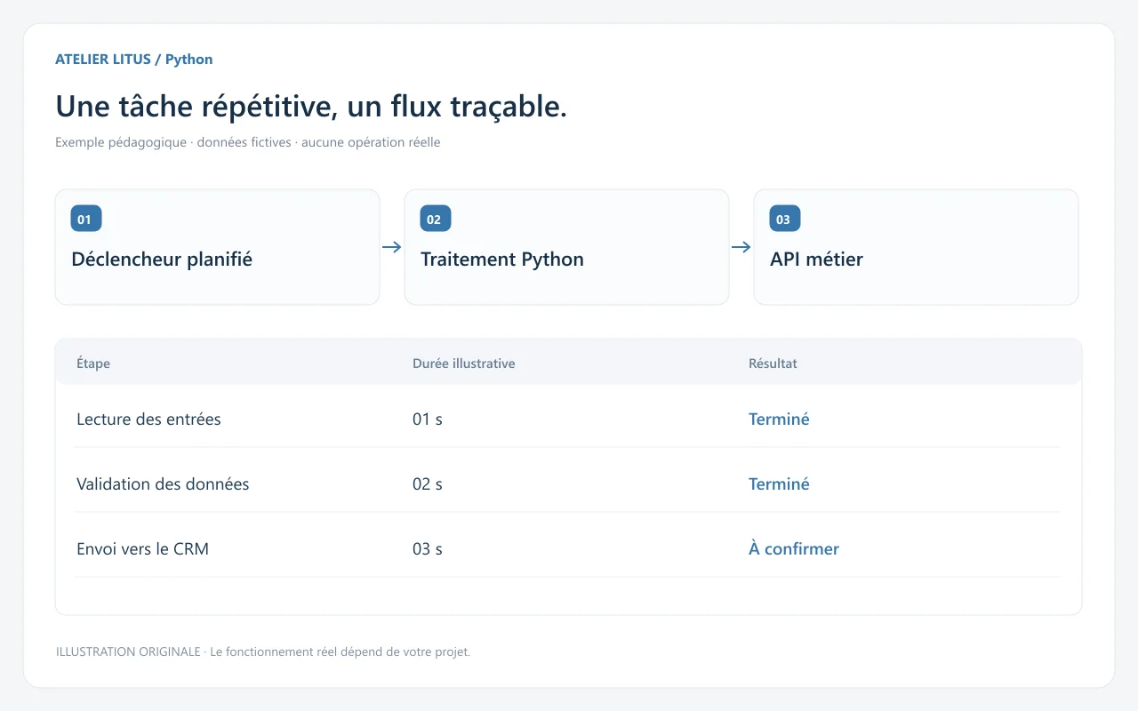 Maquette de suivi d’une automatisation Python montrant déclenchement planifié, traitement, API métier et résultat de chaque étape