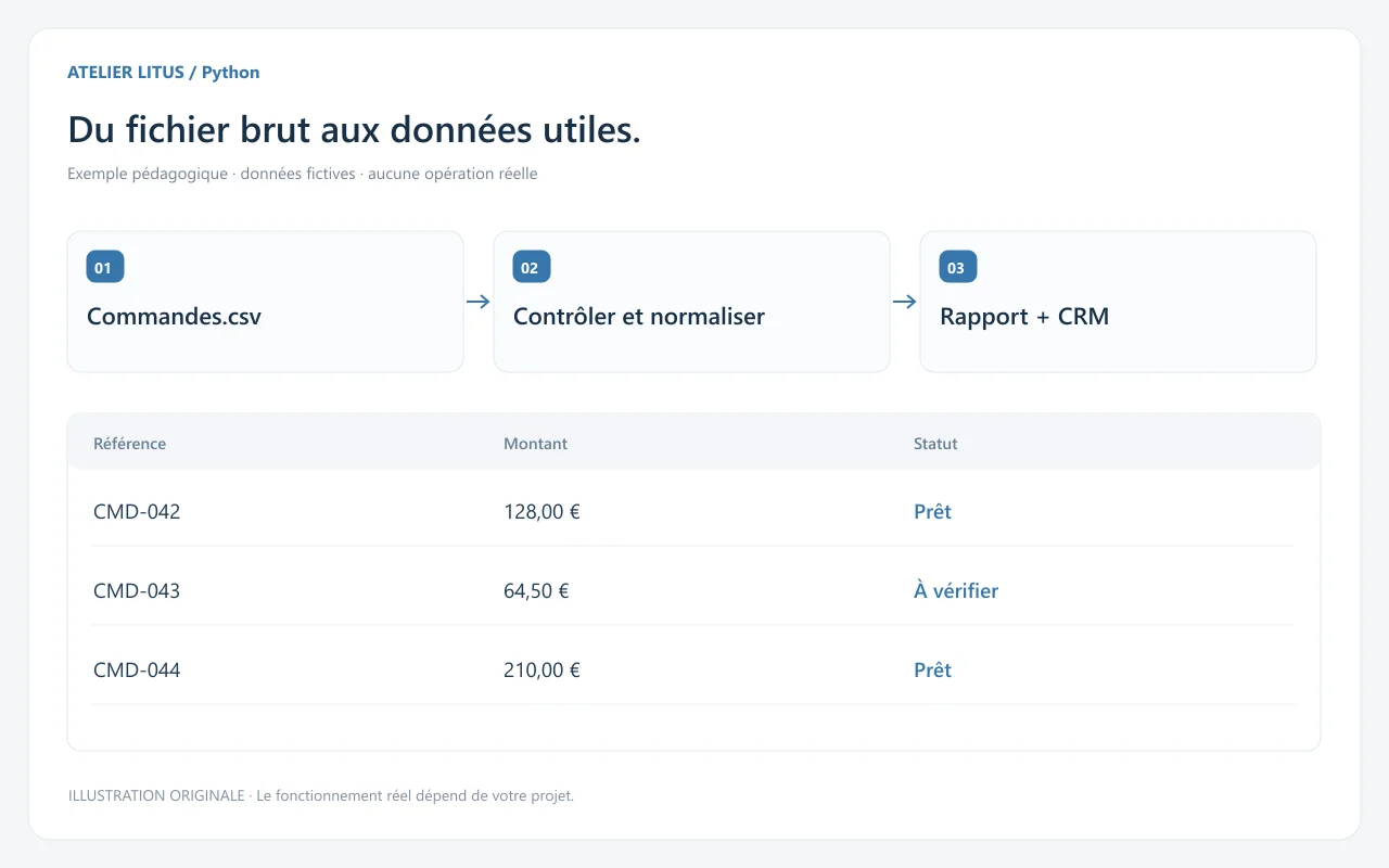 Schéma Python reliant un fichier de commandes CSV à un contrôle des données puis à un rapport et un CRM, avec lignes prêtes ou à vérifier