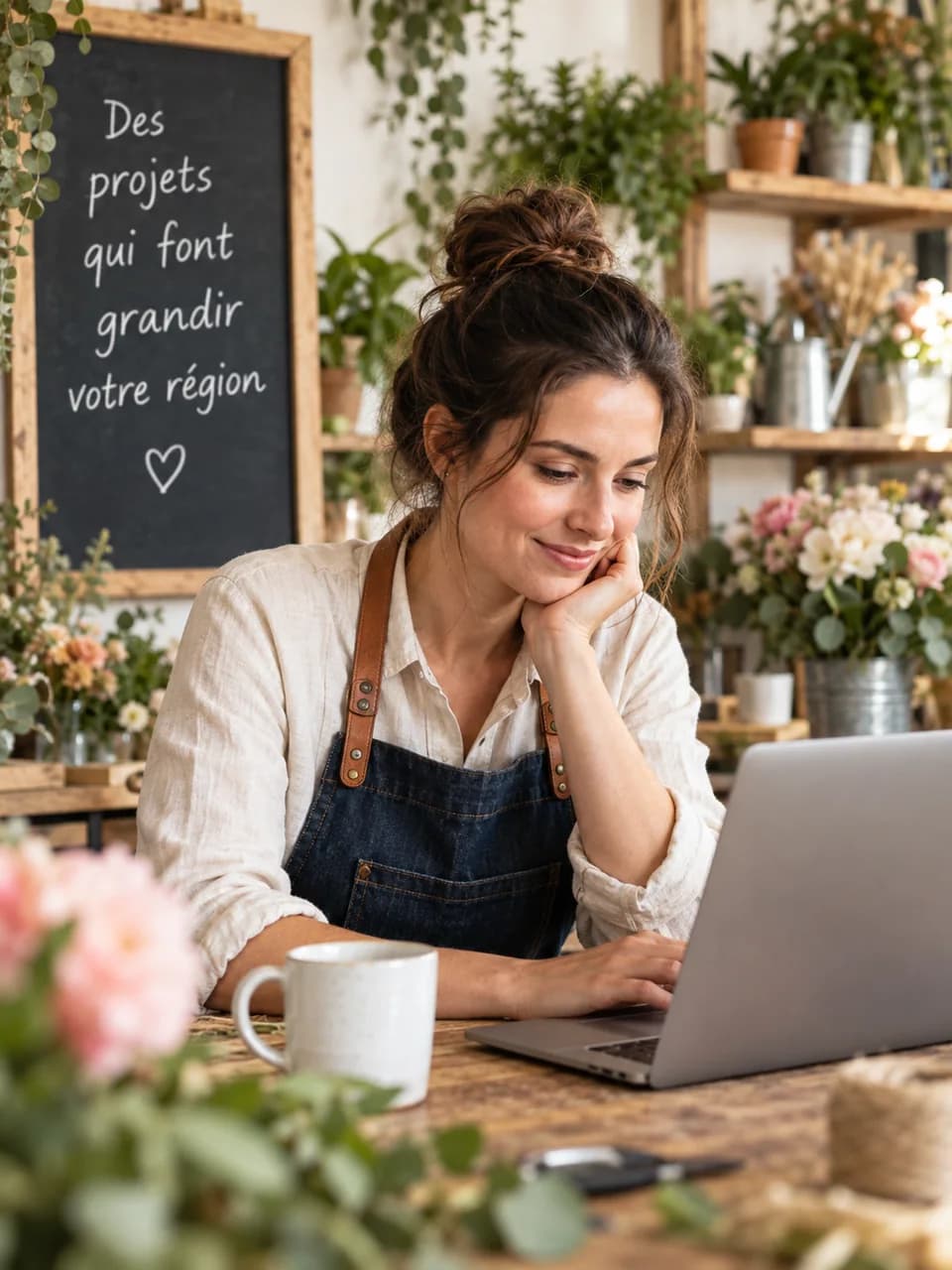 Illustration générée par IA : une fleuriste en tablier travaille sur son ordinateur dans sa boutique, entourée de plantes et de fleurs.