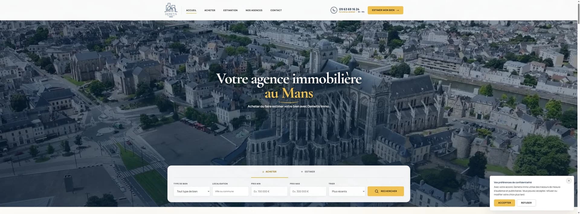 Accueil de Demetis Immo avec vue du Mans et présentation de l’agence immobilière