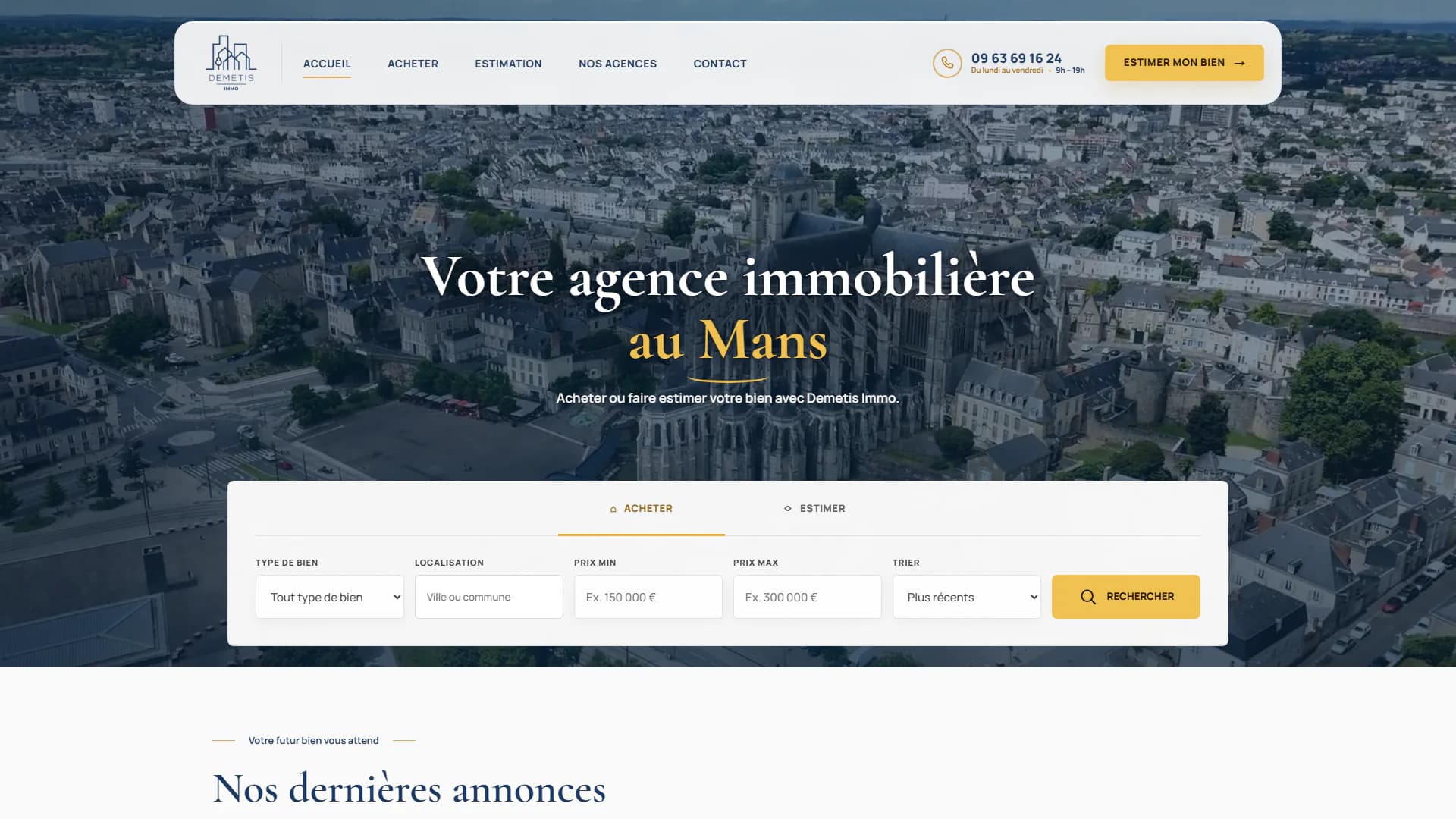 Accueil de Demetis Immo avec vue du Mans et présentation de l’agence immobilière