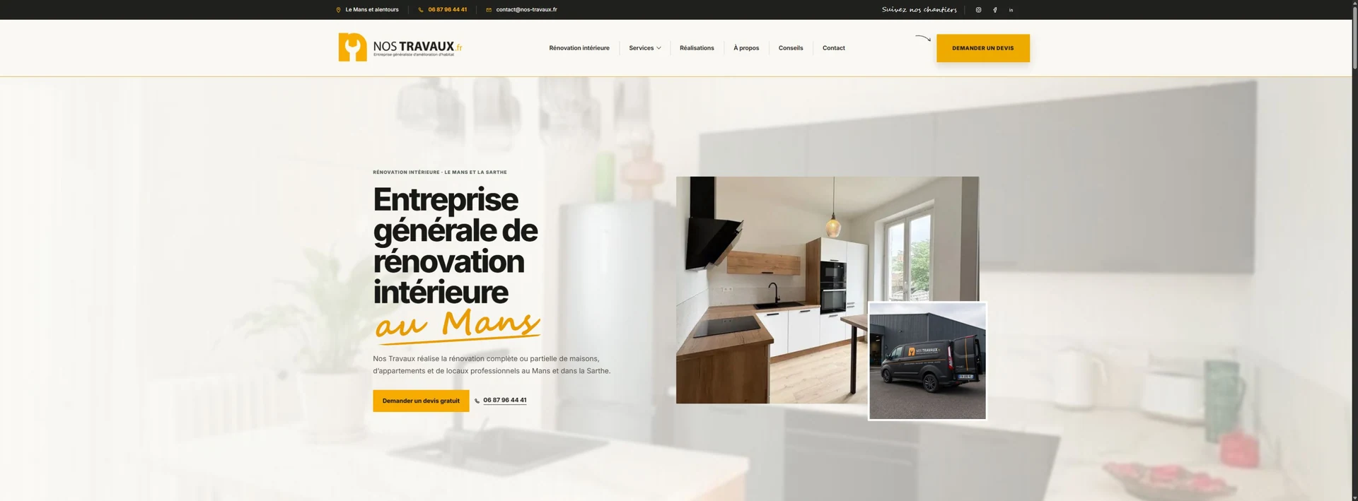 Accueil Nos Travaux présentant la rénovation intérieure au Mans et une cuisine rénovée