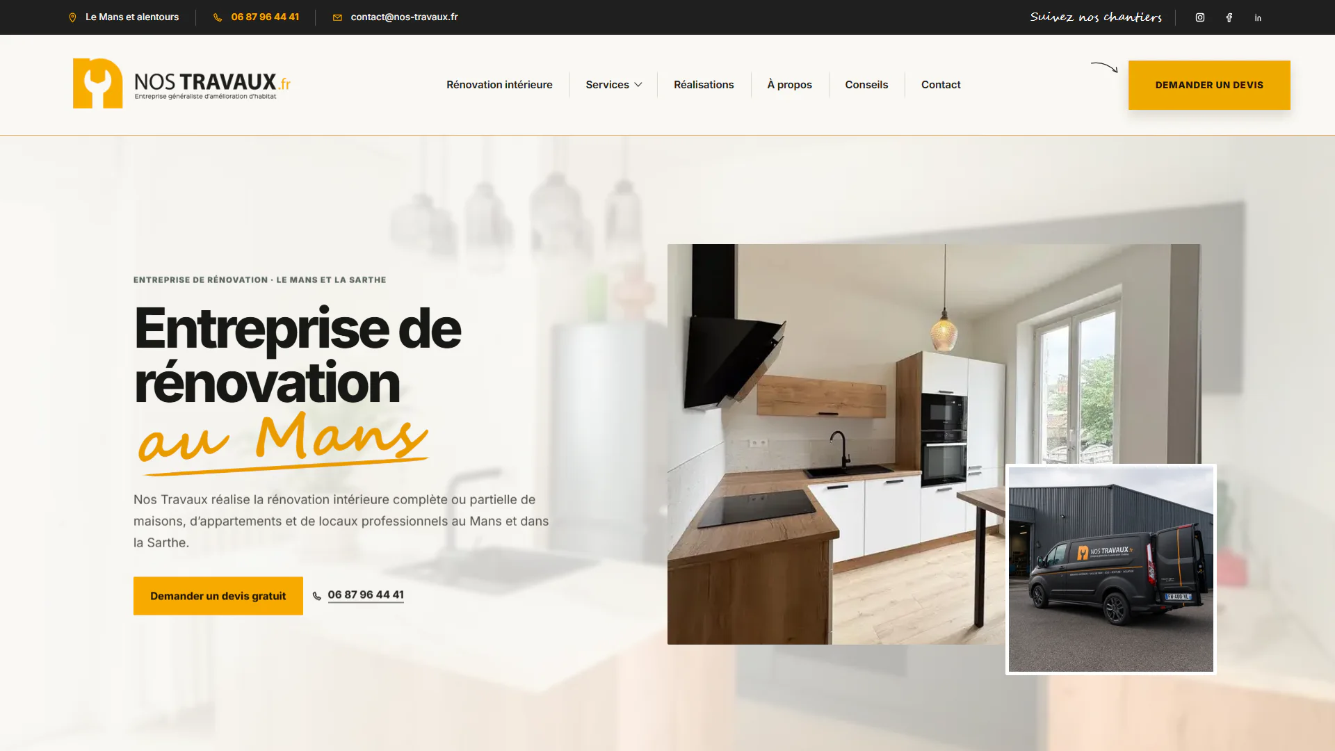 Accueil Nos Travaux présentant la rénovation intérieure au Mans et une cuisine rénovée