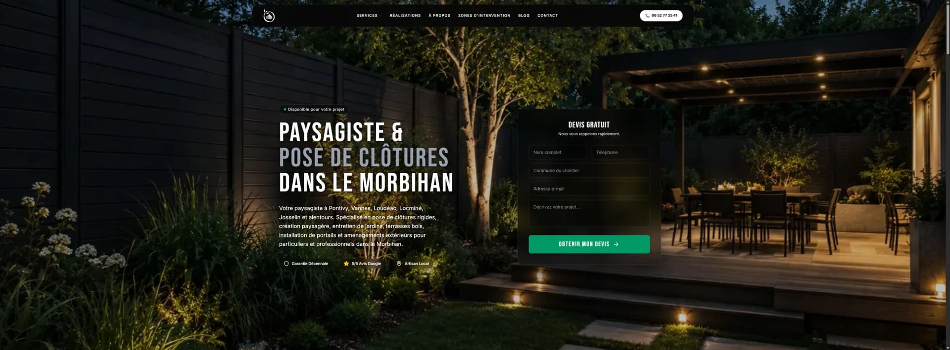 Accueil West Clôtures avec jardin paysager, présentation des prestations et formulaire de devis