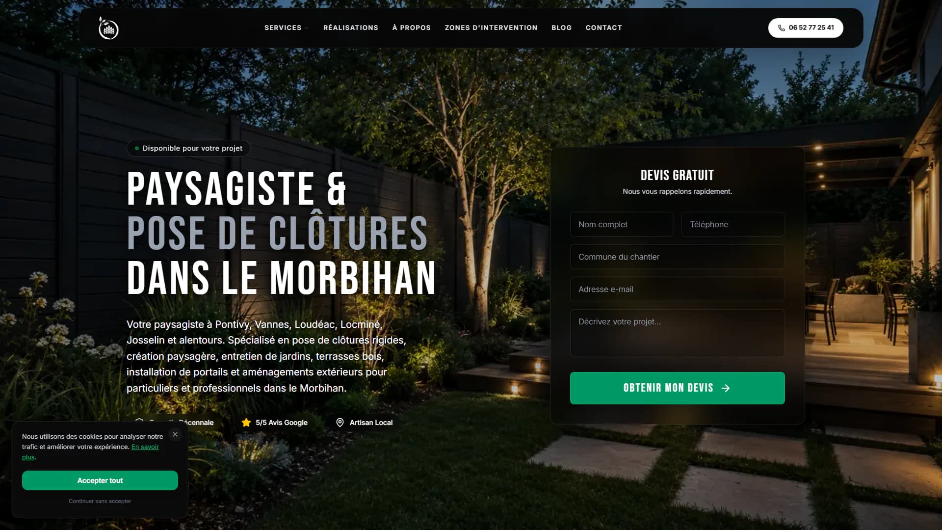 Accueil West Clôtures avec jardin paysager, présentation des prestations et formulaire de devis