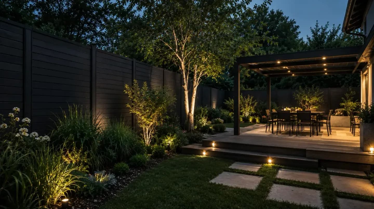 Terrasse en bois éclairée et jardin paysager présentés sur le site West Clôtures & Paysage